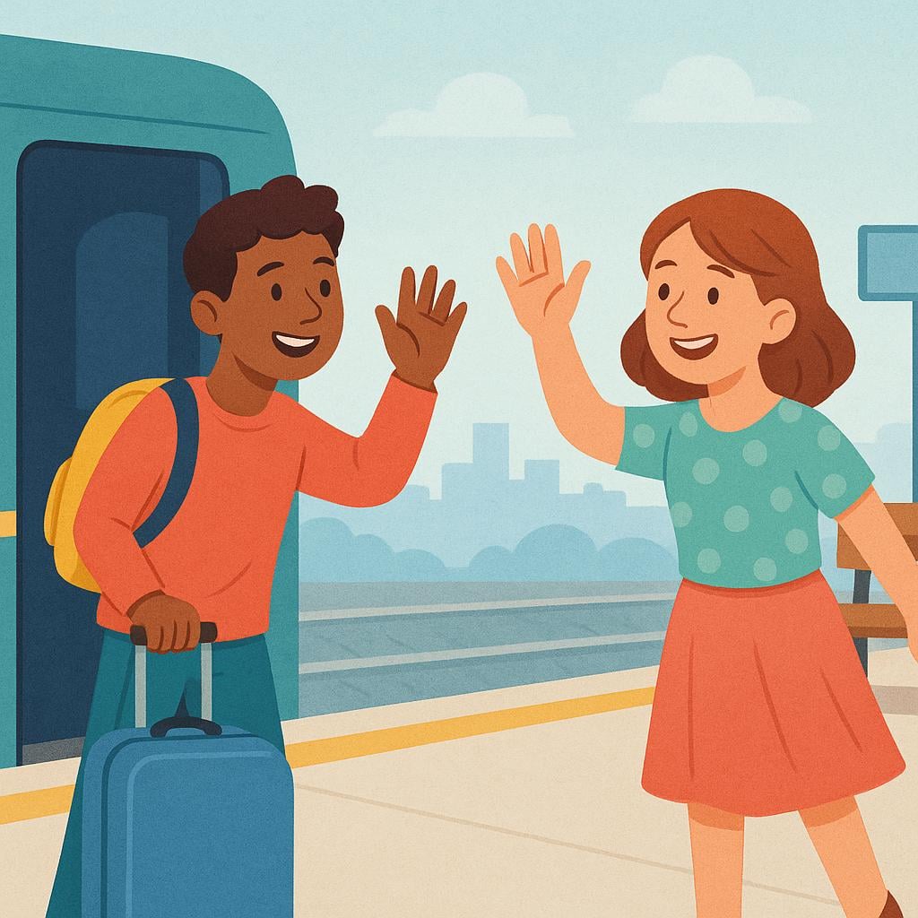 Two friendly figures standing on a platform, waving enthusiastically at each other as a train pulls away.