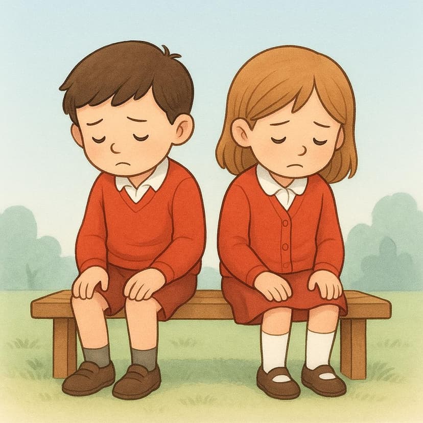 Un'illustrazione da libro di fiabe che raffigura due bambini dei cartoni animati, che indossano uniformi abbinate, seduti sconsolati su una panchina con le spalle curve, trasmettendo delusione condivisa dopo una sconfitta.