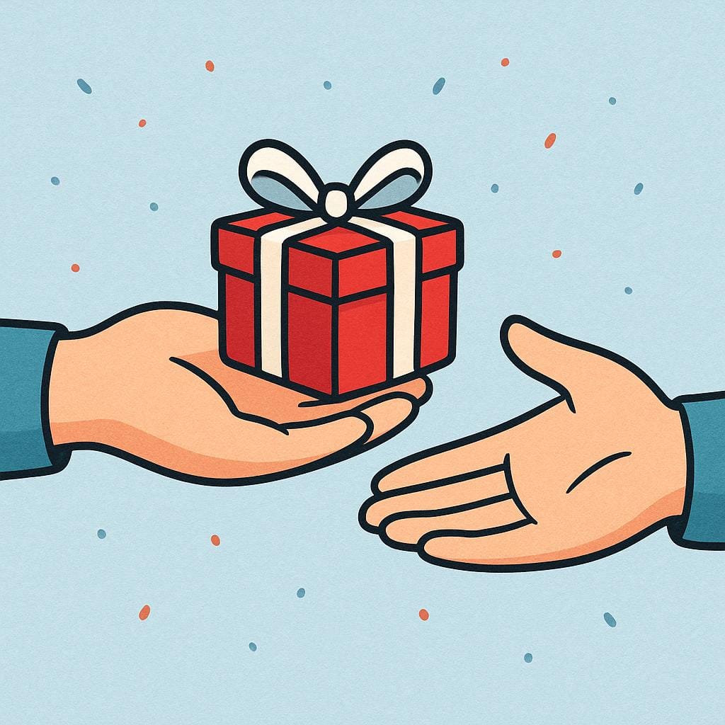 A pair of stylized hands. The hand on the left is presenting a small, wrapped red gift box to the hand on the right, which is open and receiving the offering.