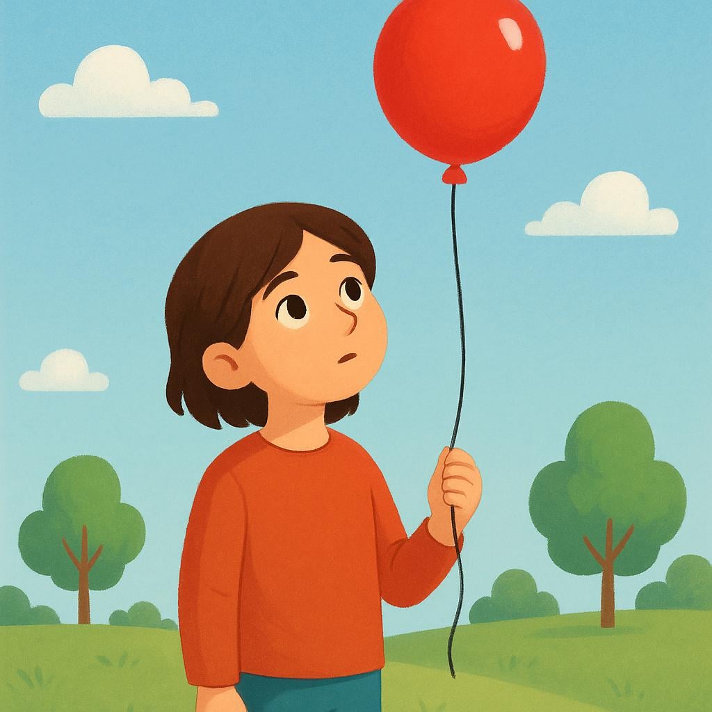 A storybook illustration showing a simplified figure intently gazing upward at a bright red balloon floating in the sky.