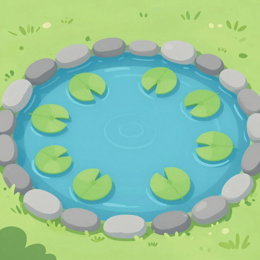 A peaceful small pond with lily pads and a few stones around the edge.