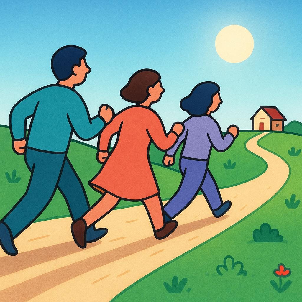 Three stylized figures with backpacks are walking quickly along a winding green path toward a small, brightly lit house on the horizon.
