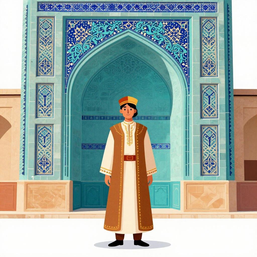 Una persona che indossa abiti tradizionali iraniani davanti a un arco piastrellato di turchese.