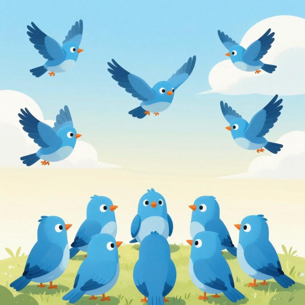 A small group of colorful birds flying away from each other into the sky.