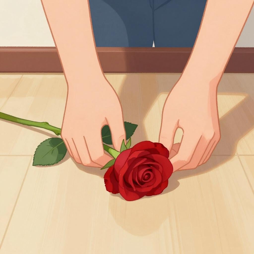 A person kneeling and placing a single red rose on a marble floor.