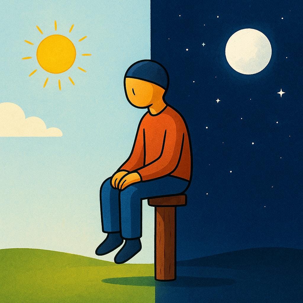 Eine Figur sitzt an einem Posten, der Hintergrund ist visuell zwischen hellem Tageslicht und dunkler Nacht geteilt, was eine lange Arbeitsschicht darstellt.