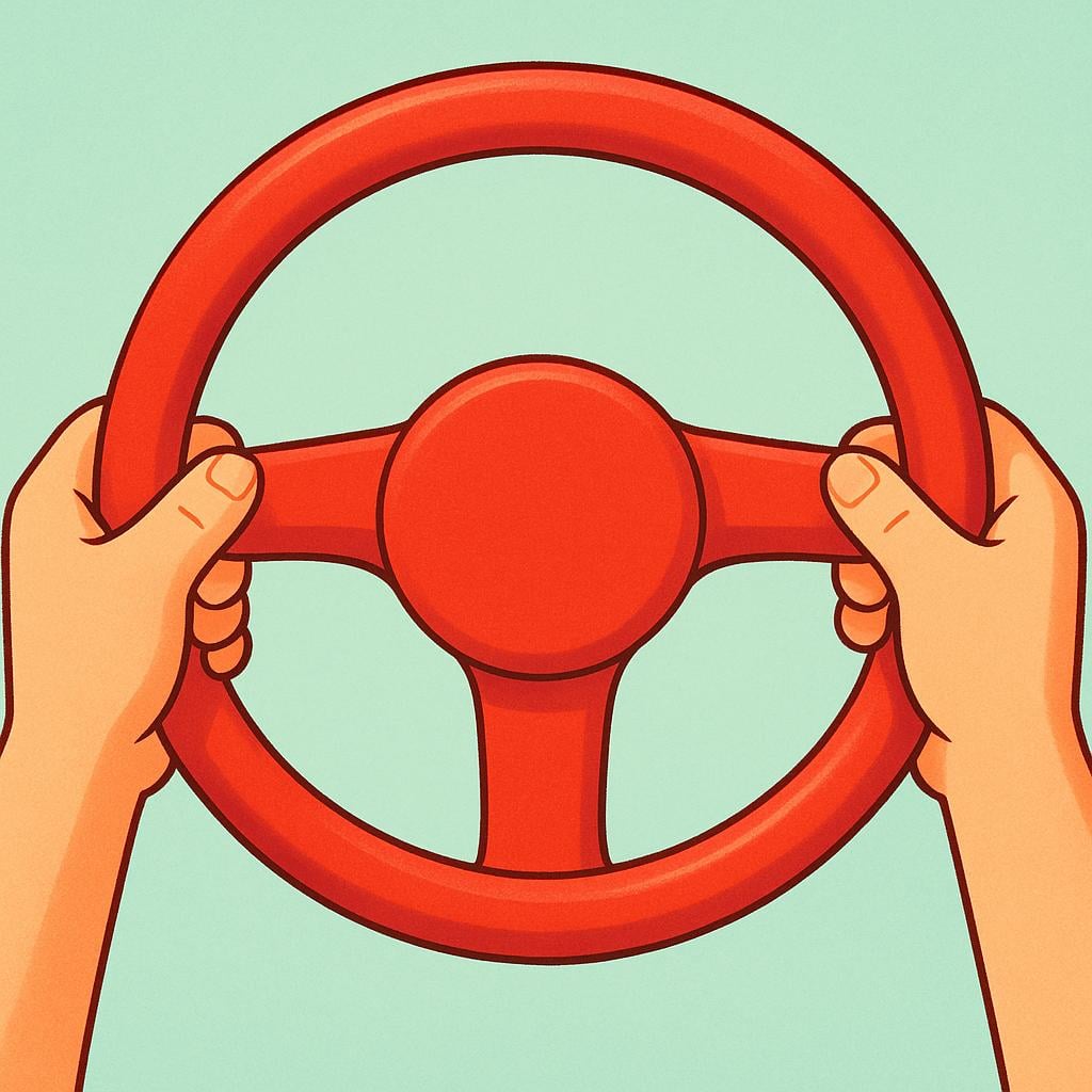 A close-up view of two hands firmly gripping a bright red steering wheel, illustrating the physical control of an object.
