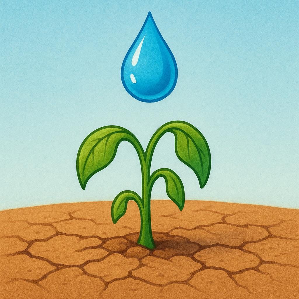 A wilting green plant in dry soil receiving a large, essential drop of water.