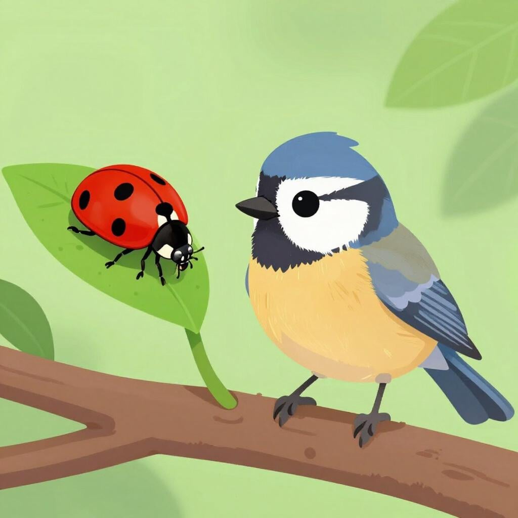 A small bird sitting on a branch, looking closely at a tiny ladybug on a leaf.