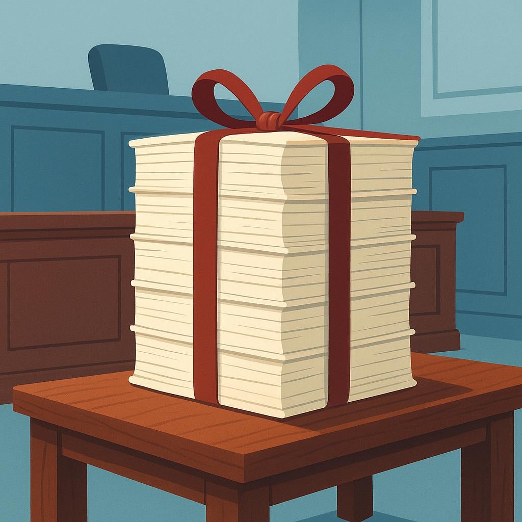 A tall stack of thick, bound legal documents resting on a dark wooden bench, symbolizing judicial proceedings.