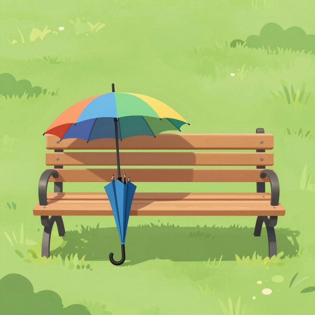 An empty park bench with a single forgotten umbrella leaning against it under a clear sky.