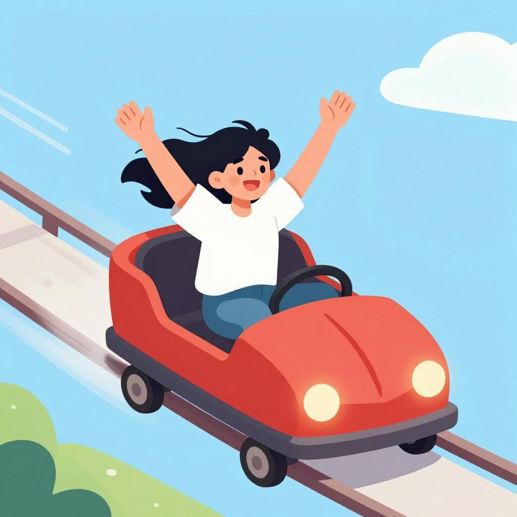 A person with wide eyes and a huge smile riding a fast roller coaster with their hands in the air.