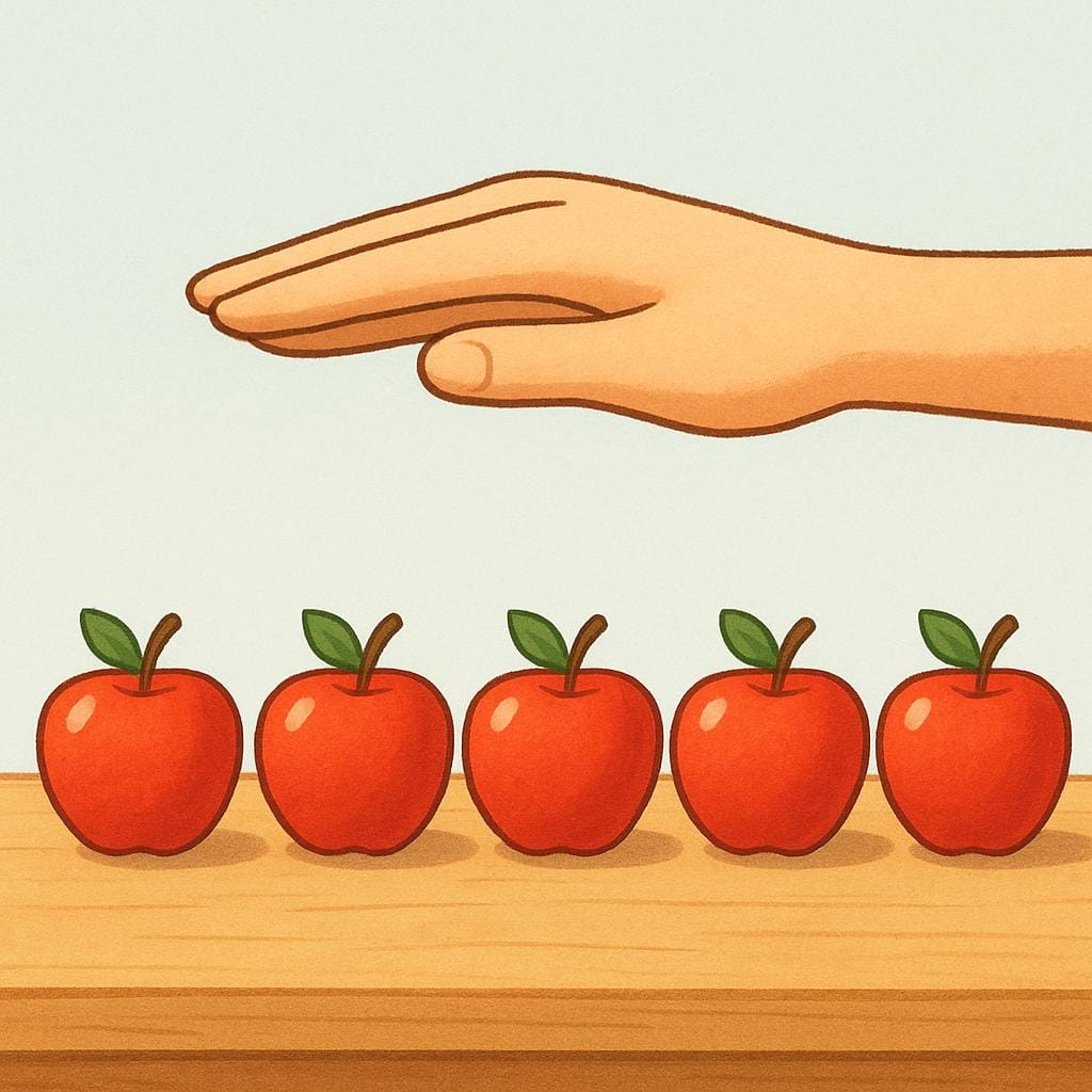A hand reaching toward a row of identical apples, illustrating that any one of them can be chosen arbitrarily.