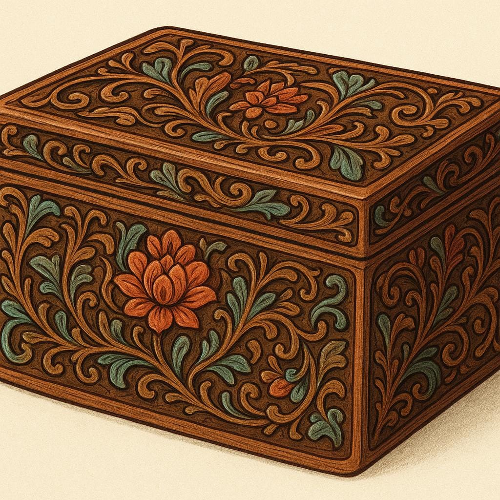 A close-up view of a small, antique wooden box covered in extremely detailed, complex floral carvings, illustrating intricate design.
