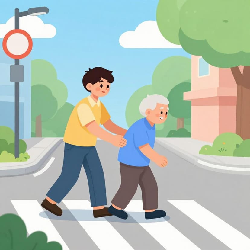 A kind person helping an elderly individual cross a street.