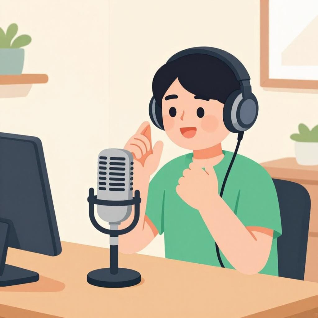 A friendly radio host wearing headphones speaking into a large professional microphone inside a studio.