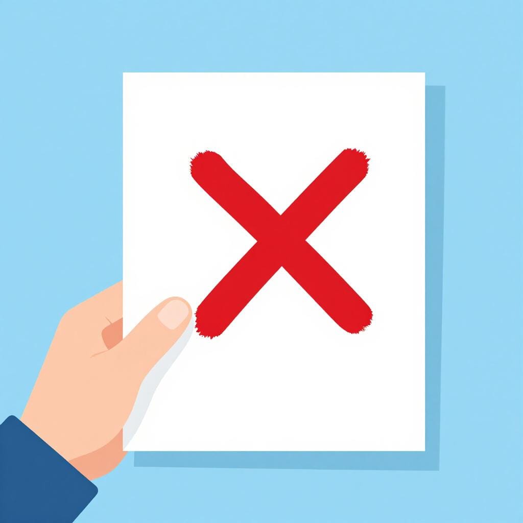 A hand holding a document with a large red X mark across it.