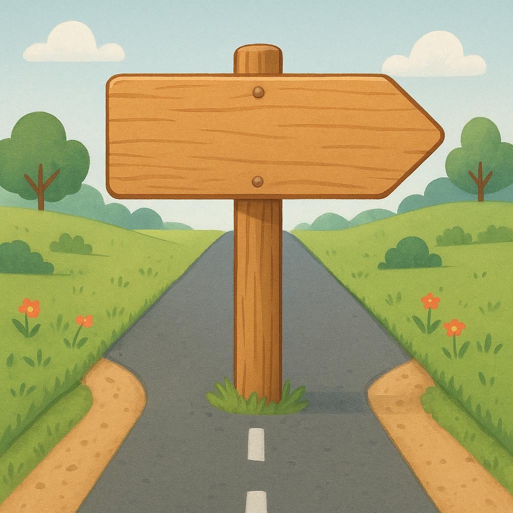 A close-up view of a large, clear wooden signpost pointing directly down a single, well-paved road, symbolizing that a choice has been finalized.