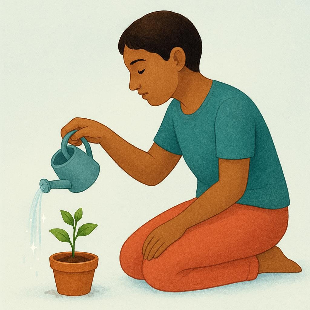 小さな健康な鉢植えの植物に優しく水をやっている人のカラフルなイラスト。強いコミットメントや献身を象徴している。