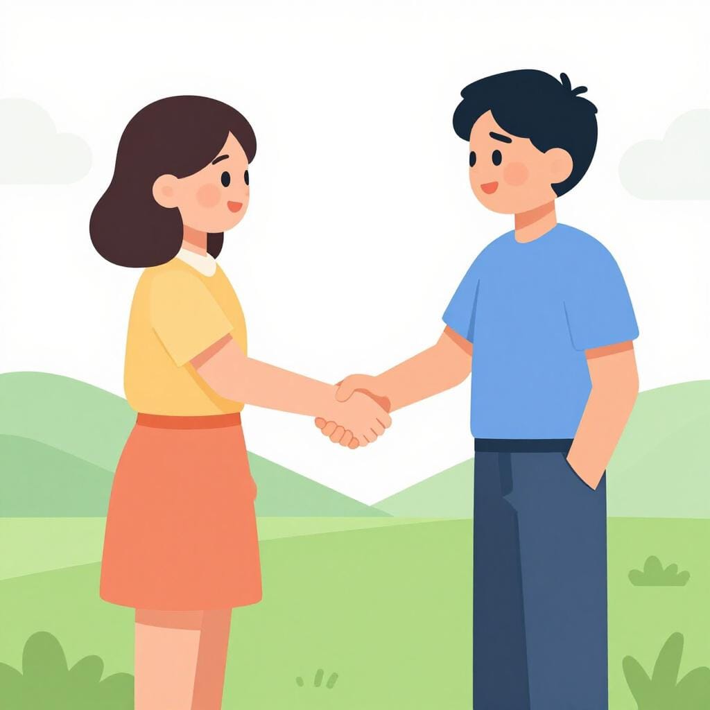 明るい日の出を背景に、固く握手を交わす二人。最終合意を表している。