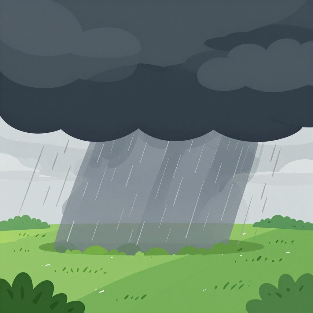 力強く、止まることなく激しく雨を降らせている、風景を横切って進む暗い嵐雲。