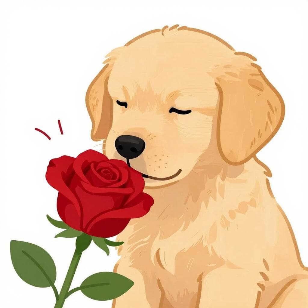 Un chien amical reniflant une fleur rouge vif dans un jardin.