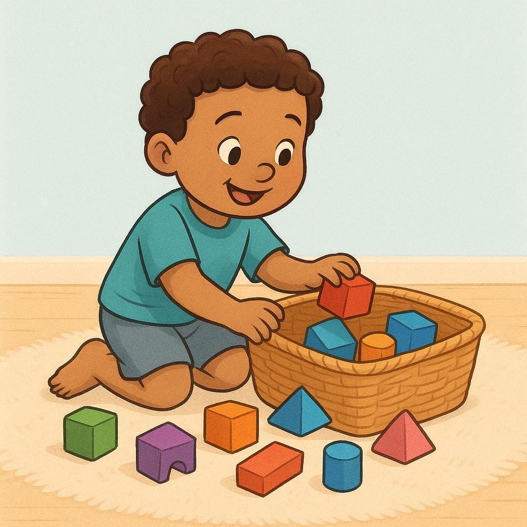 A happy child kneeling down, gathering several brightly colored wooden blocks and putting them into a single open basket.