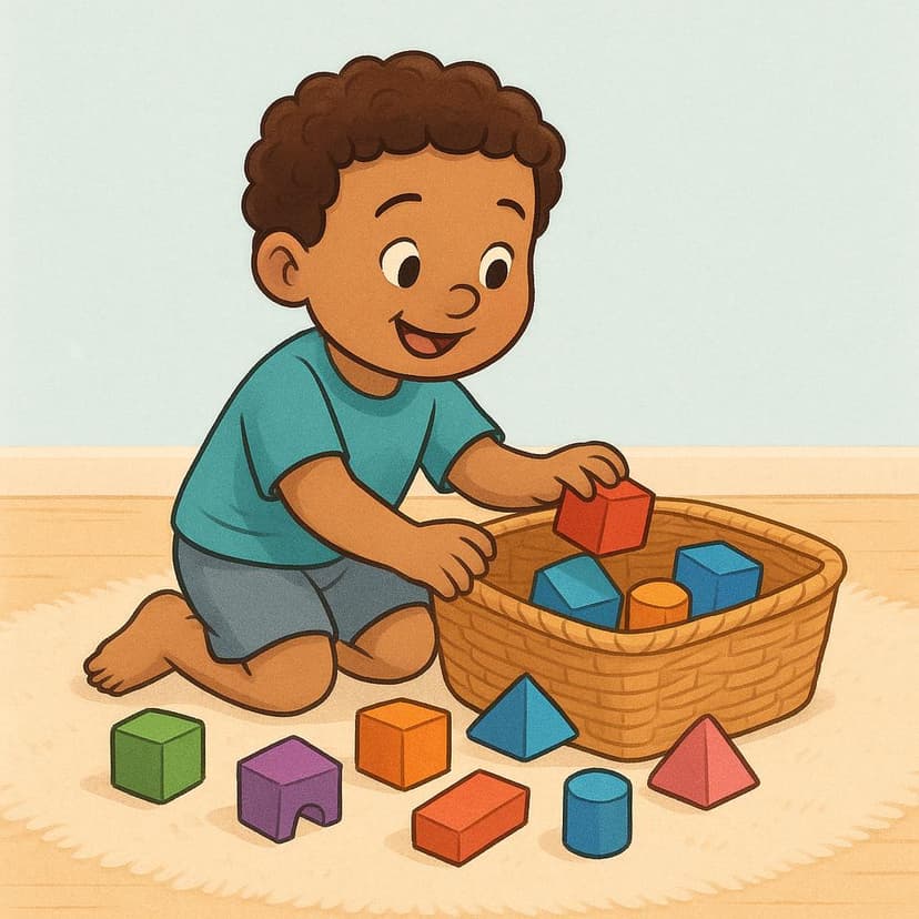 A happy child kneeling down, gathering several brightly colored wooden blocks and putting them into a single open basket.