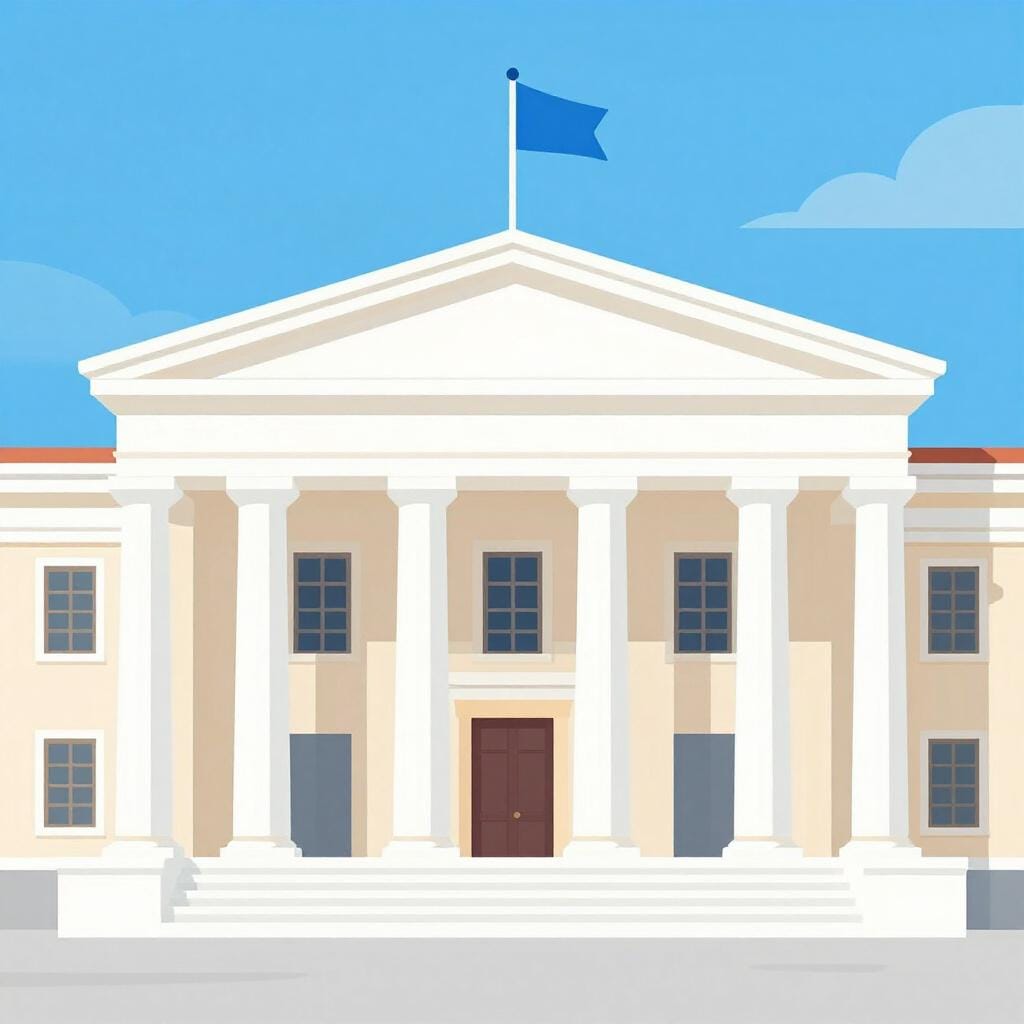 A stately stone building with large columns and a flag on top, representing a seat of government.