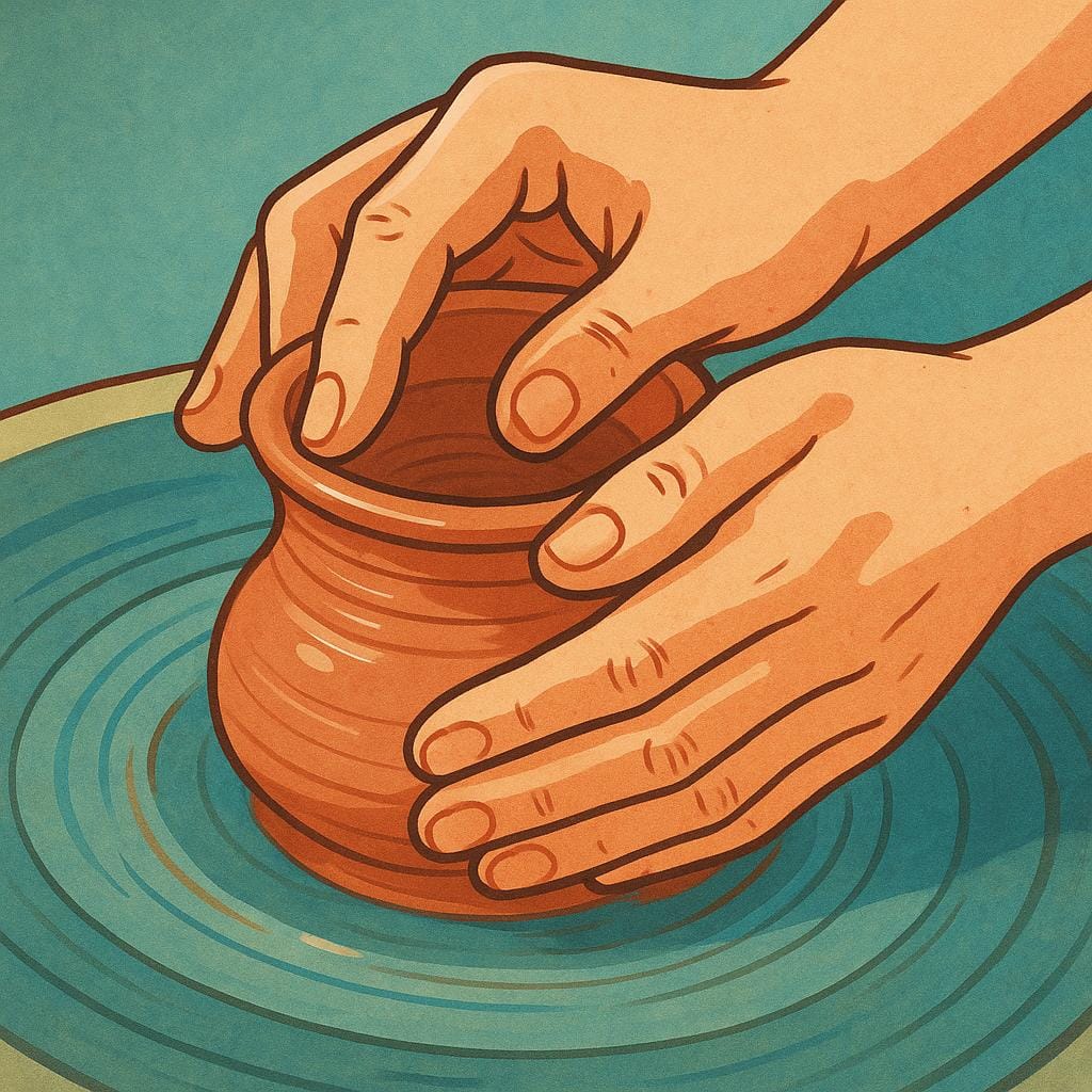 A pair of hands demonstrating great focus and precision while shaping wet clay on a spinning pottery wheel.