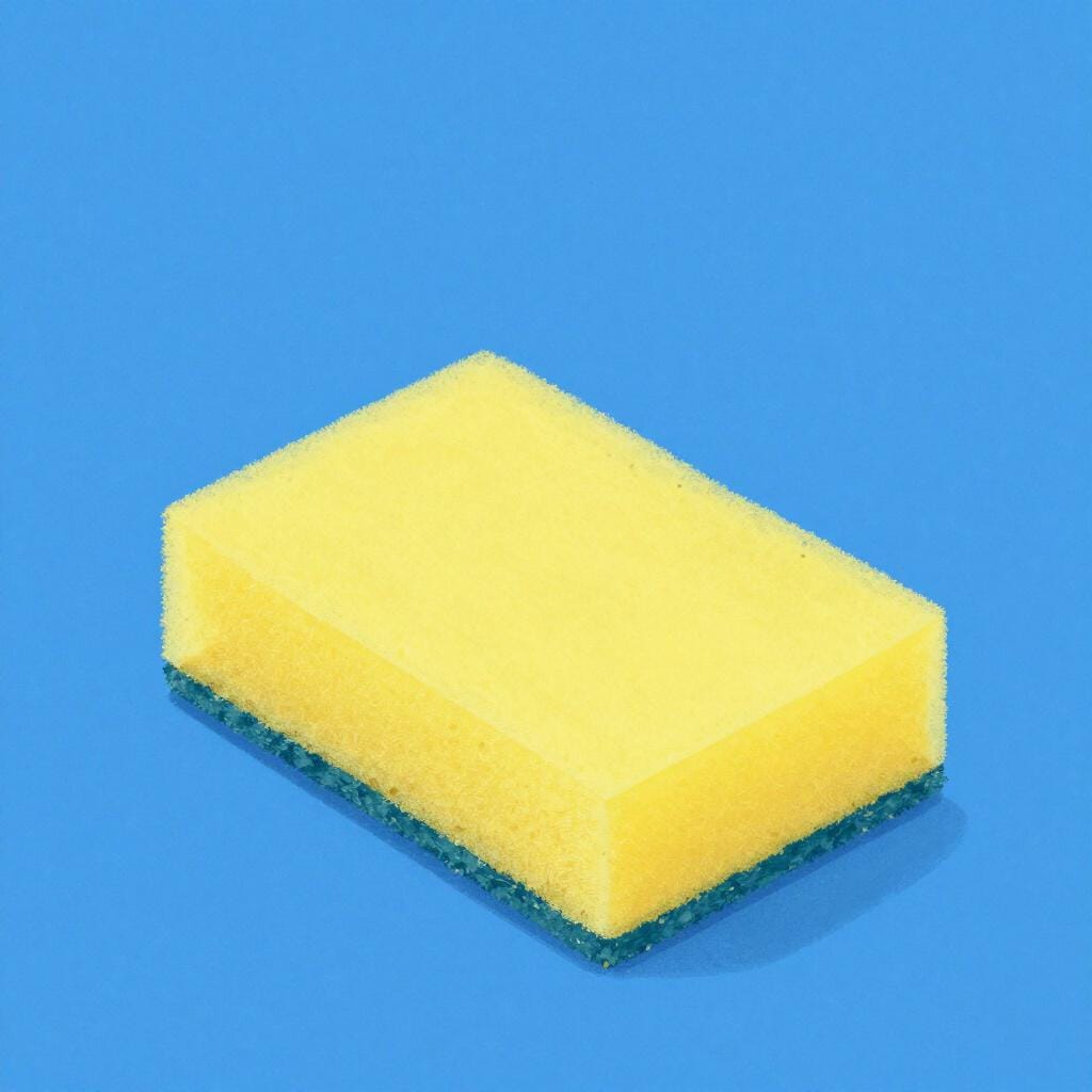 A bright yellow rectangular cleaning sponge with small holes on a blue surface.