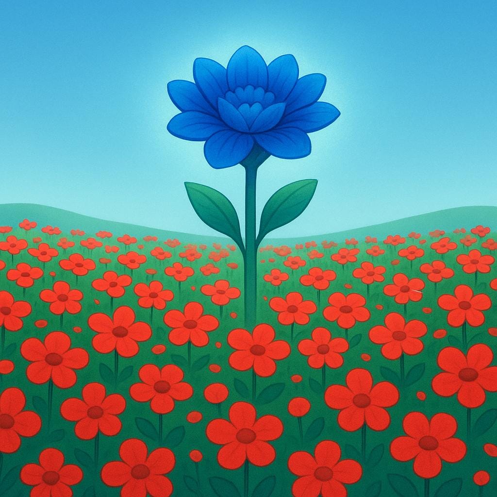 A vast field of small red flowers with a single, massive, brilliant blue flower towering above them, illustrating something exceptional.