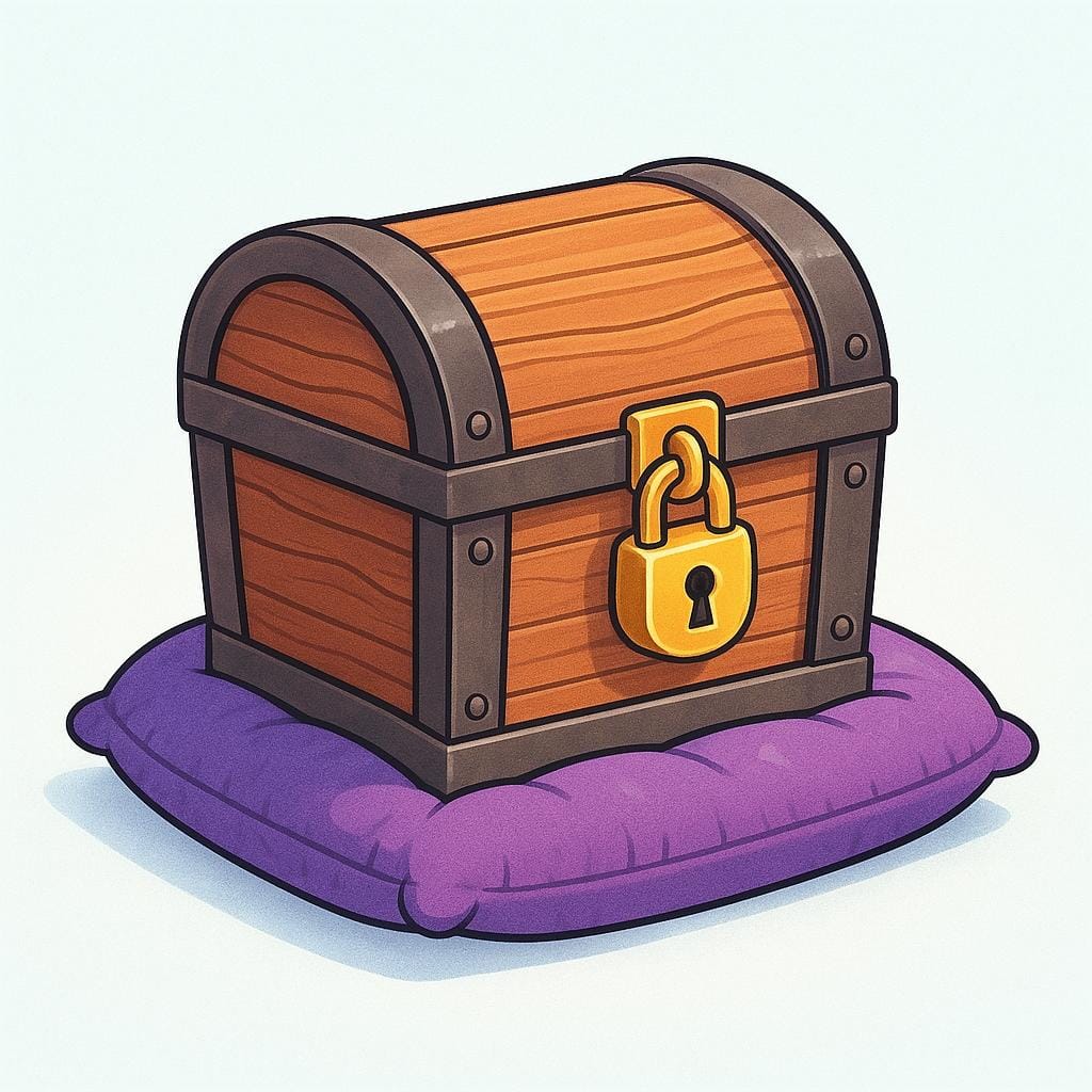 A sturdy, closed wooden chest resting on a soft purple cushion, secured tightly with a small, shiny gold padlock.