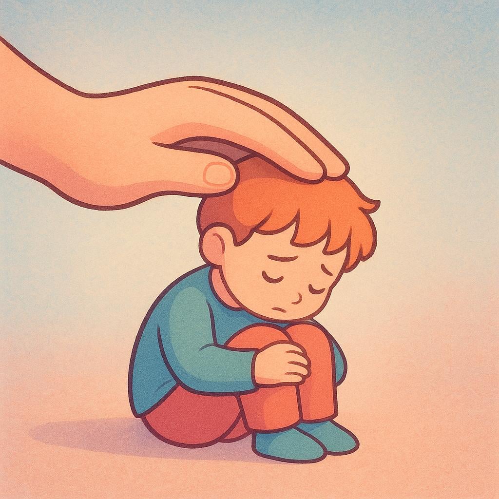 A large, caring hand gently resting on the shoulder of a smaller, sad figure who is sitting down, illustrating comfort and compassion.