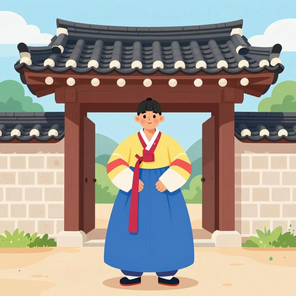 A person dressed in a traditional Korean Hanbok standing in front of a classic Korean palace gate.