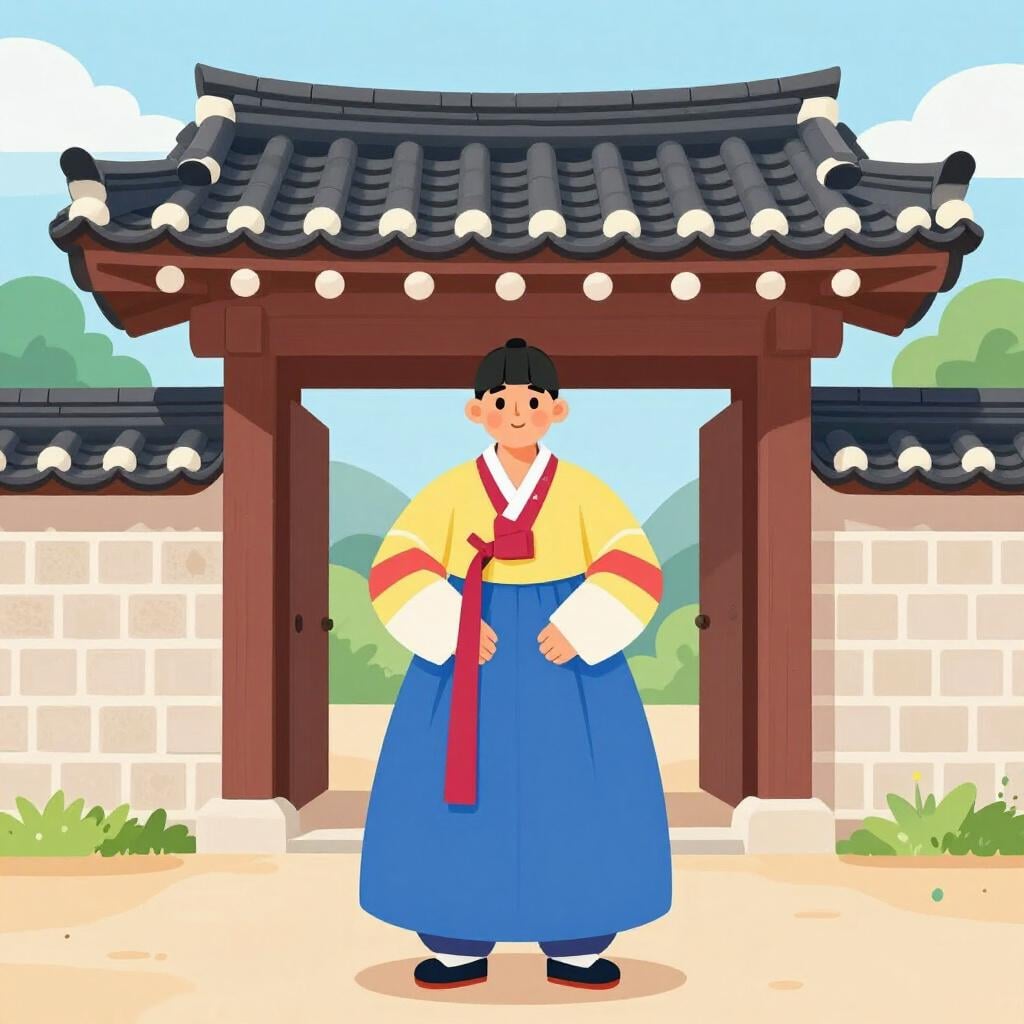 A person dressed in a traditional Korean Hanbok standing in front of a classic Korean palace gate.