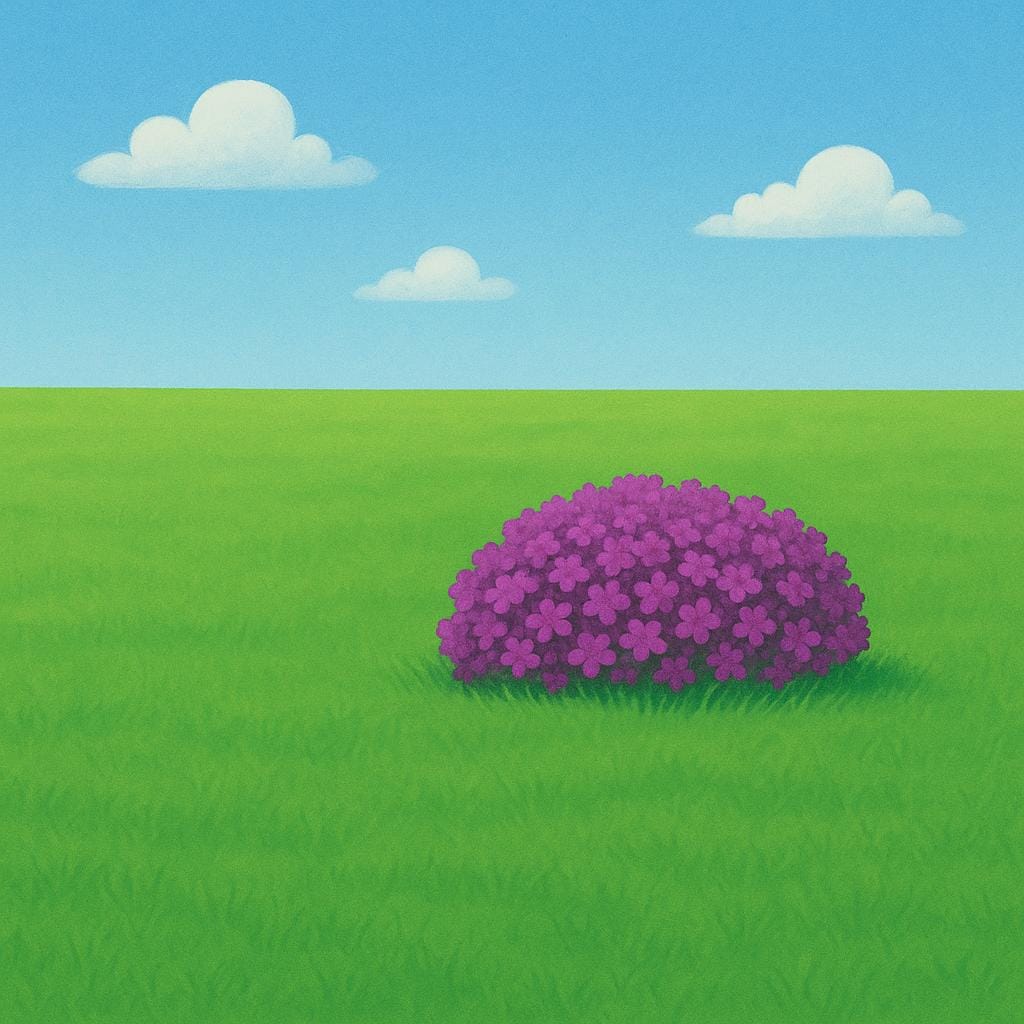 A field of uniform green grass with one distinct, large patch of bright purple flowers that stands out clearly, representing a noticeable difference.