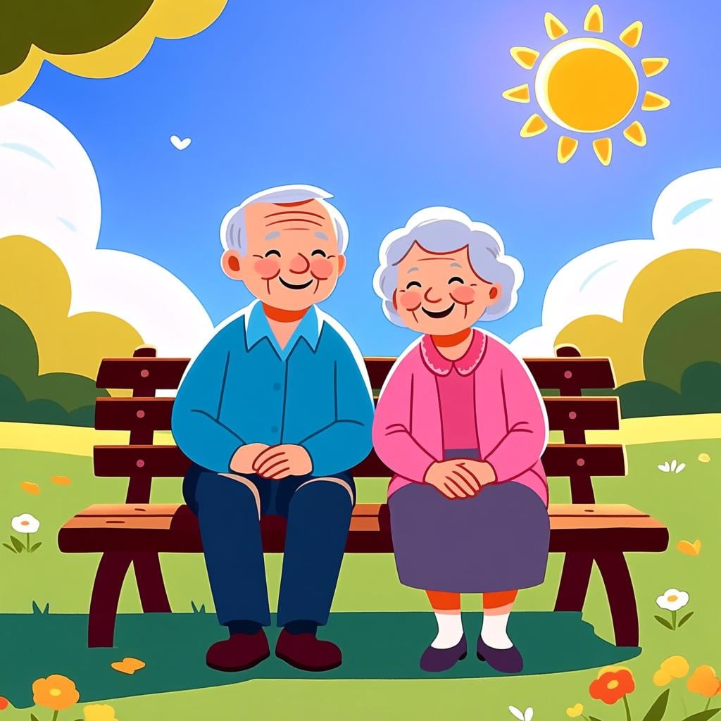 Two smiling elderly people, one man and one woman, sitting peacefully together on a park bench.