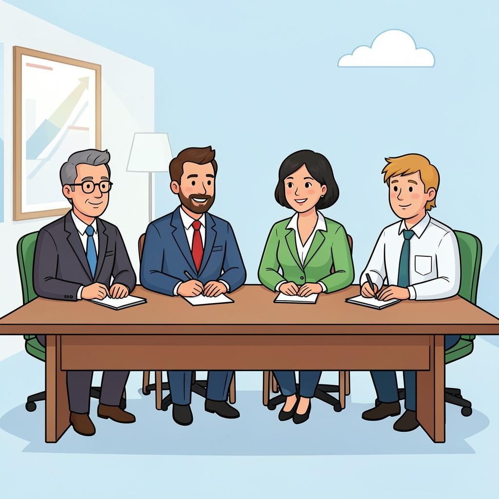 A group of four diverse people sitting in a row behind a long table, looking forward.