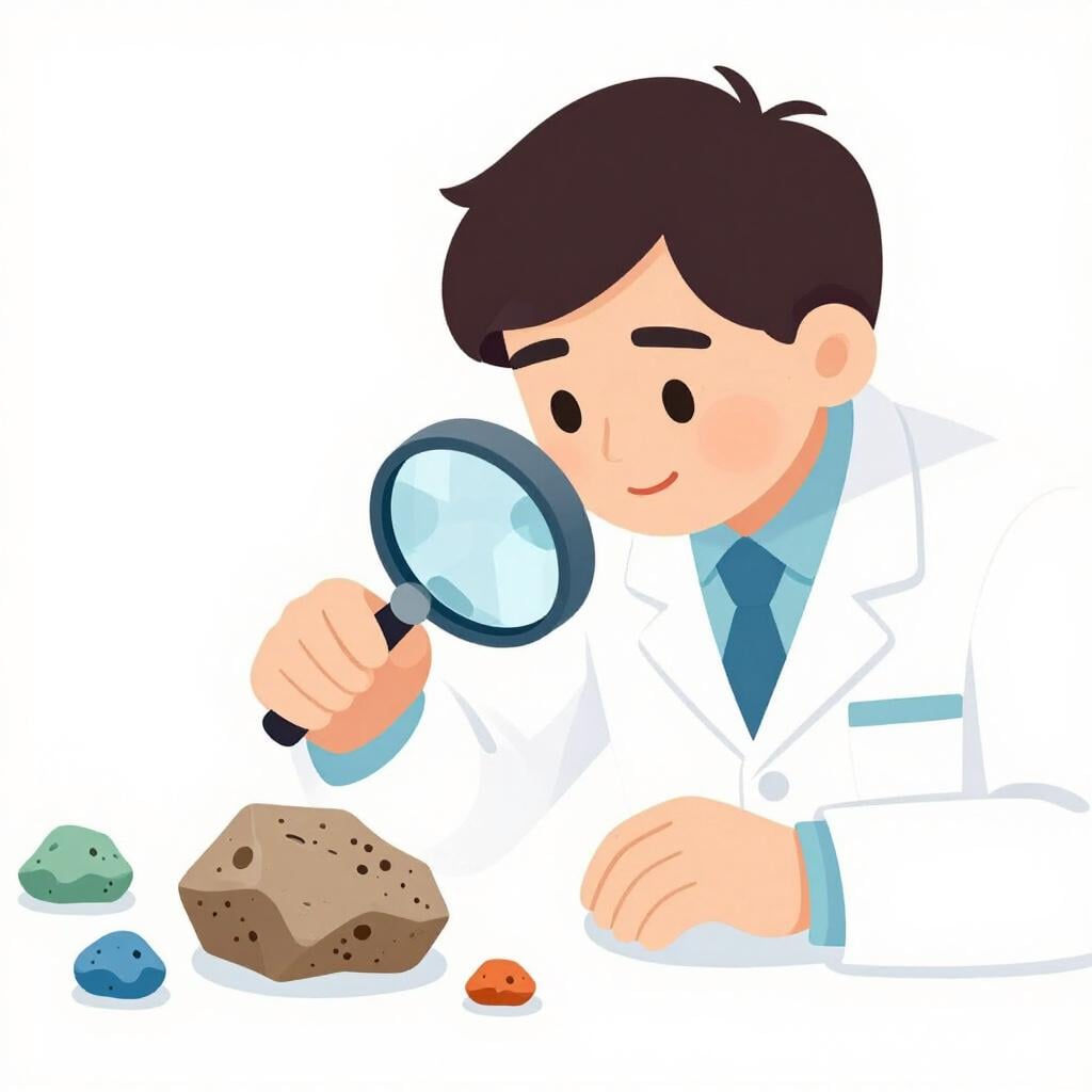 A person in a white lab coat holding a large magnifying glass to closely inspect a small, detailed object on a workbench, symbolizing thorough analysis.
