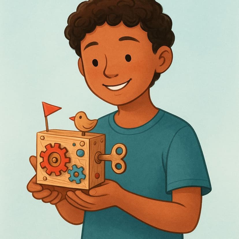 A young person proudly holds a small, newly constructed, whimsical wooden machine with gears and bright colors, symbolizing the creation of something new.