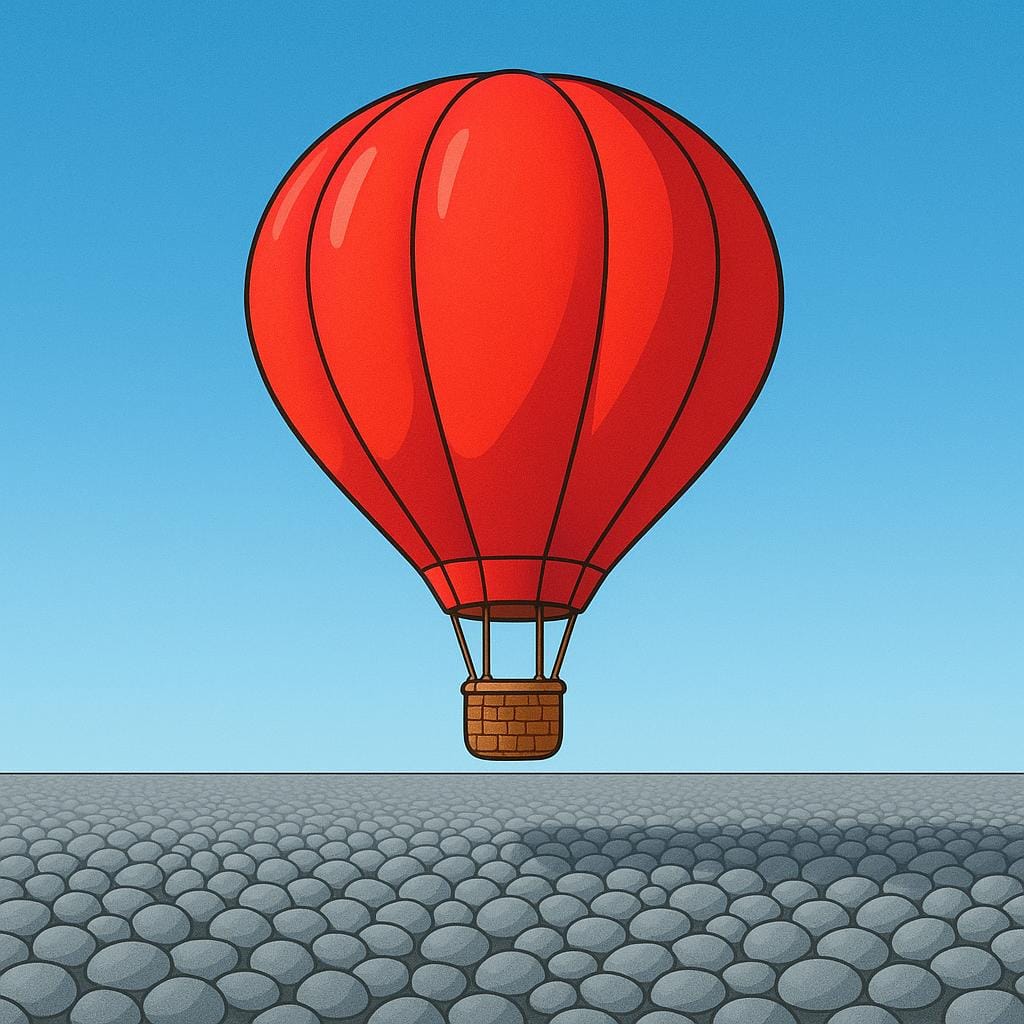 A single, vibrant red hot air balloon floating above a field filled only with dull gray, ordinary pebbles, emphasizing its uniqueness.