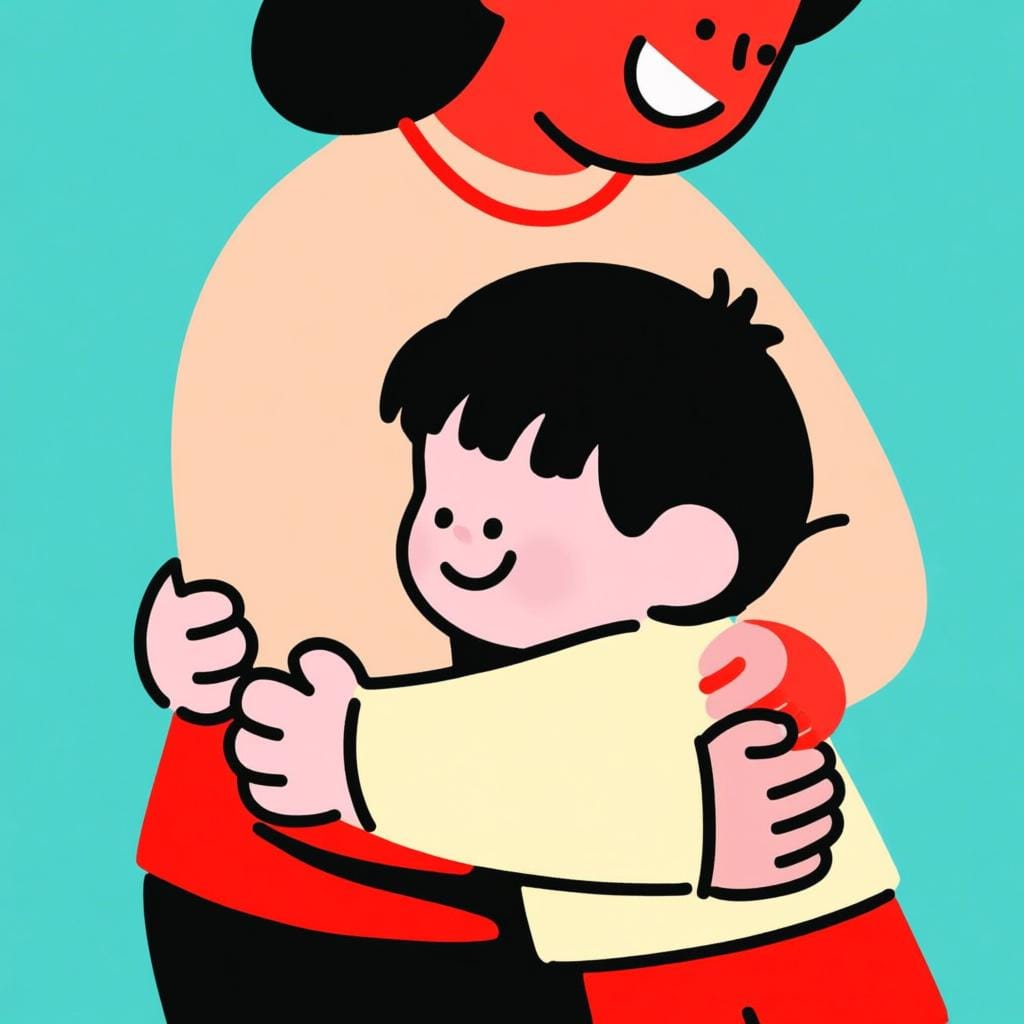 A simple illustration of a small child hugging a tall adult around the waist with great force and affection.
