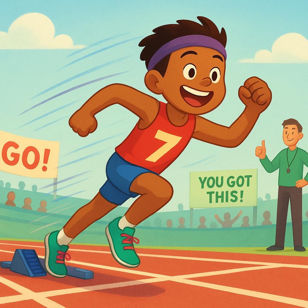 An enthusiastic runner launching forward from a starting position on a track, demonstrating high energy and encouragement.