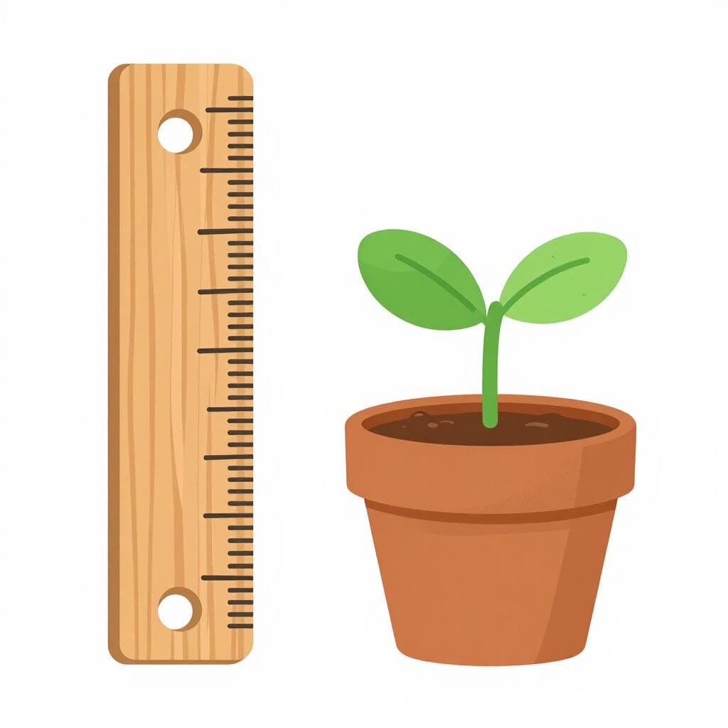 Une règle en bois utilisée pour mesurer la hauteur d'une petite plante en croissance.