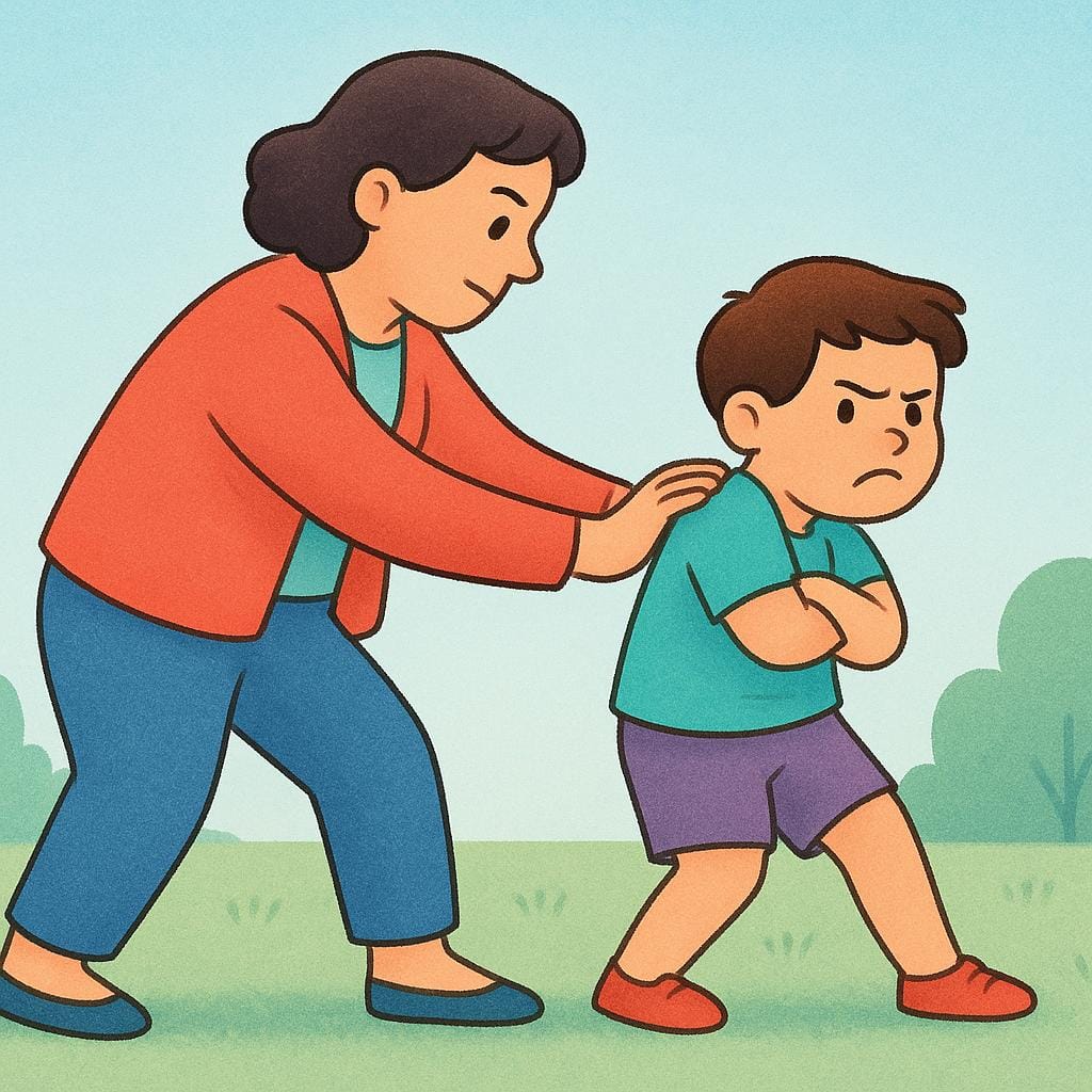 Uma figura grande e determinada está usando uma mão para empurrar firmemente uma figura menor e relutante para a frente. A figura menor está visivelmente resistindo ao movimento.
