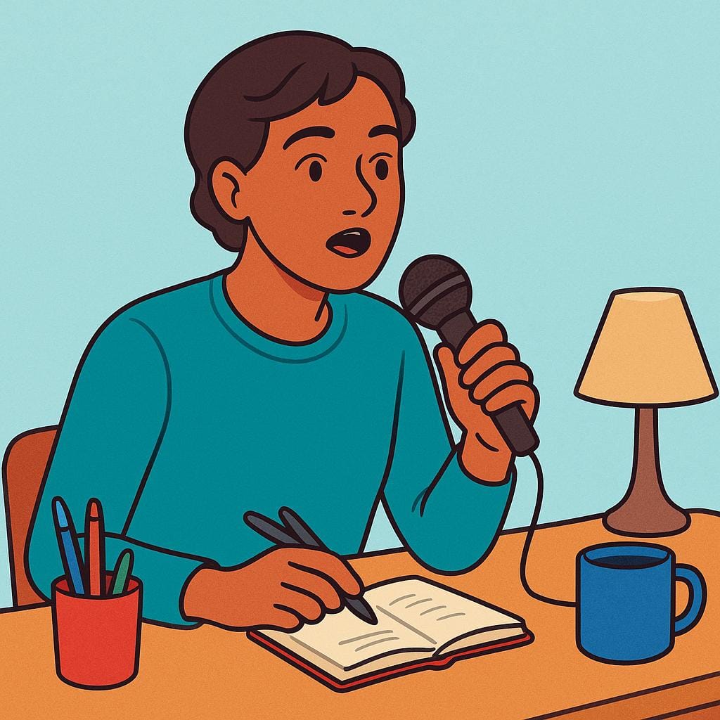 Een eenvoudige illustratie van een man die geconcentreerd aan een bureau zit, voorovergebogen, met een microfoon bij zijn mond en een notitieblok in zijn hand, actief bezig met de handeling van interviewen.