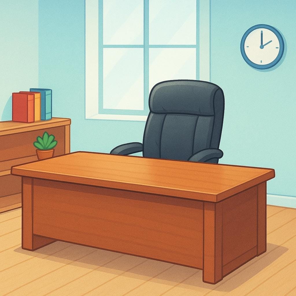 An illustration of an empty, well-appointed office chair waiting behind a large wooden desk, symbolizing an open job position or vacancy.
