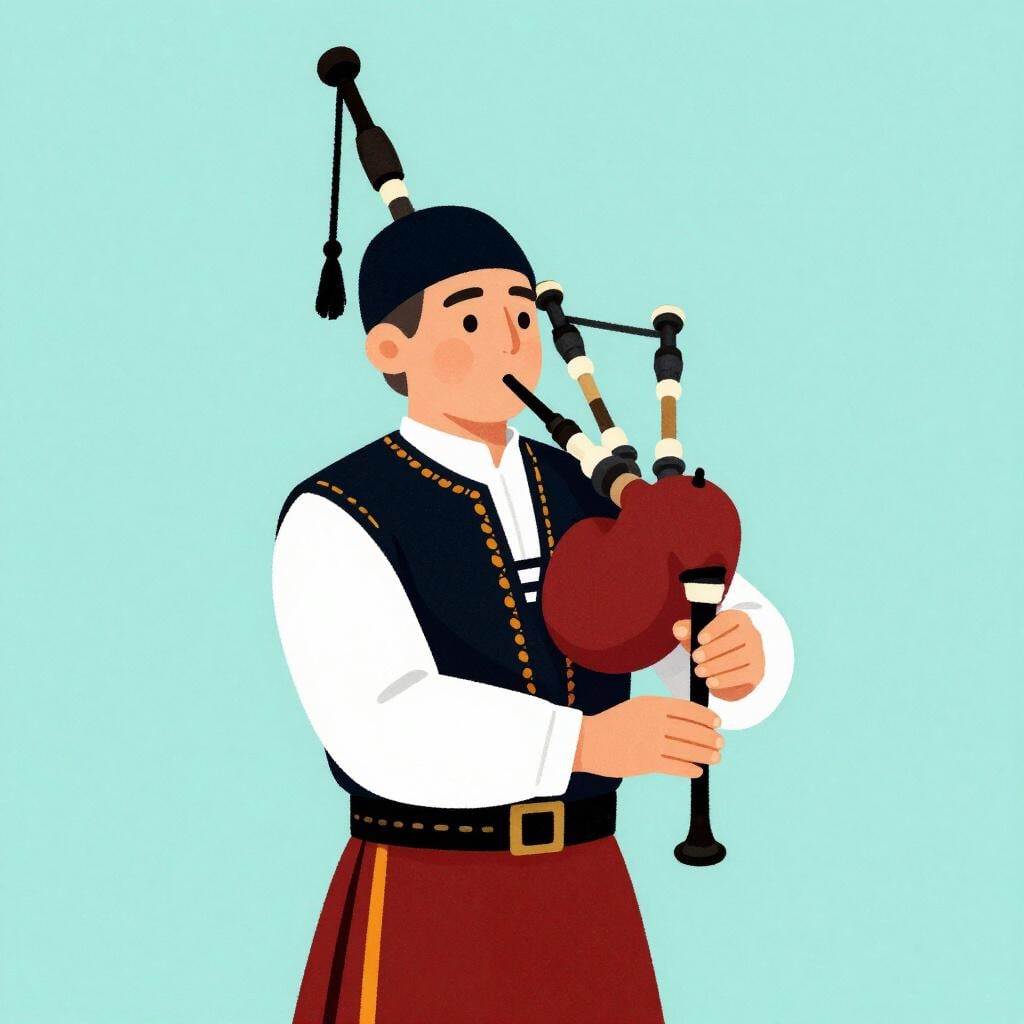 Una persona che indossa abiti tradizionali galiziani suonando una gaita, che è una cornamusa galiziana.