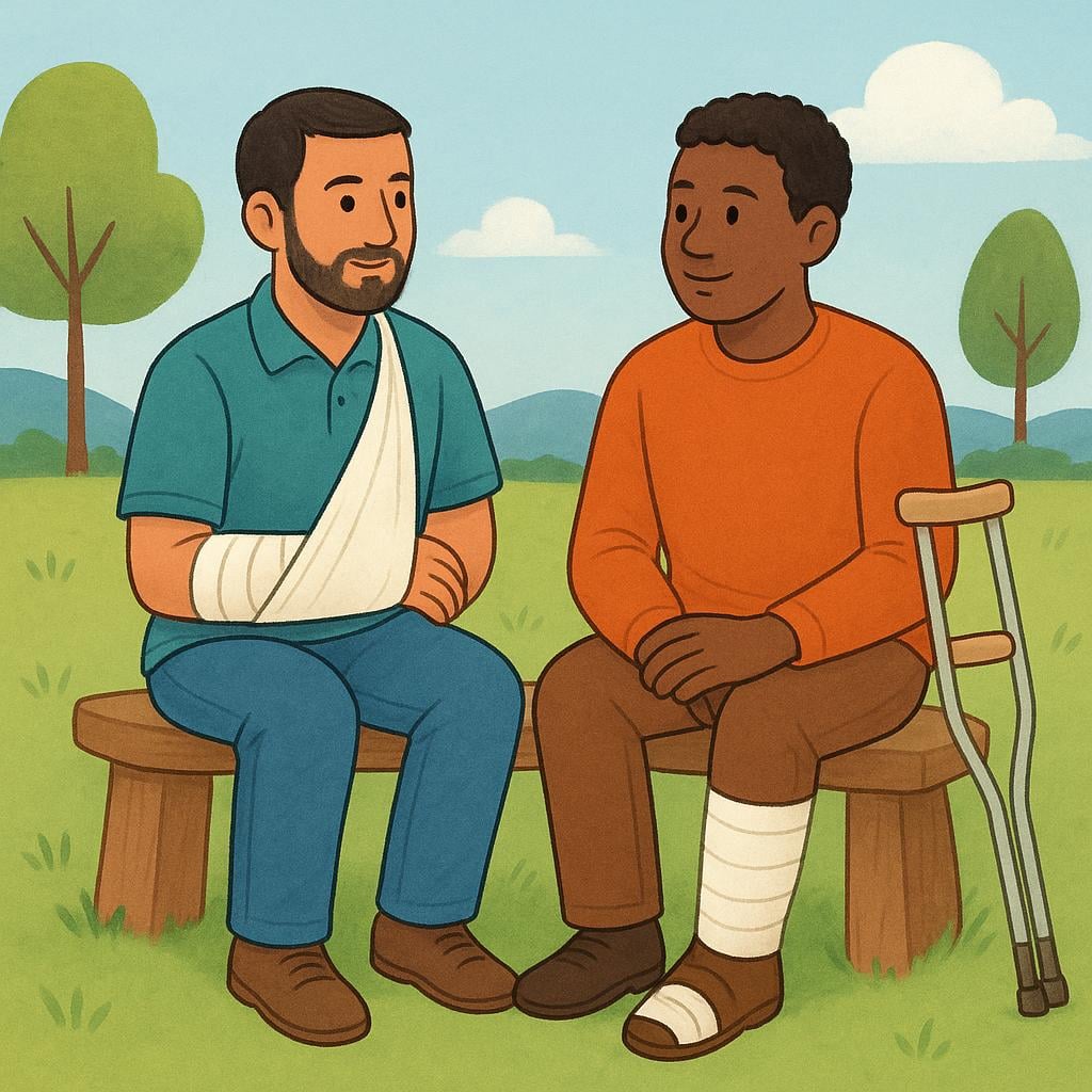 Two injured men sitting on the ground, leaning against a large rock. Both have visible bandages on their arms and legs, indicating they are casualties.